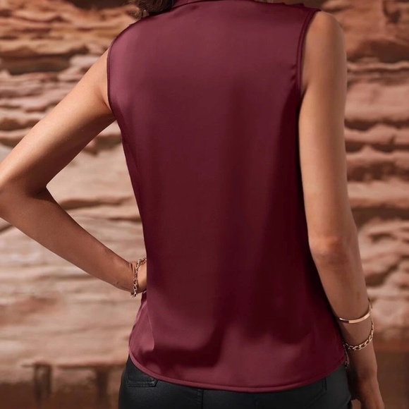 Luxe Satin Overlap Sleeveless Work Office Top Burgundy - Picture 5 of 9